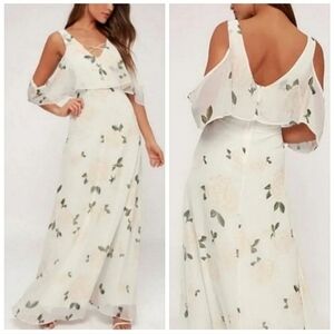 NWT Lulus Floral Chiffon Maxi Dress XS Pink White Ruffle Romantic Wedding Guest